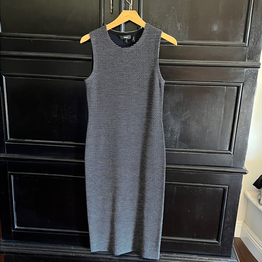 Theory Black and Gray Striped Midi Dress